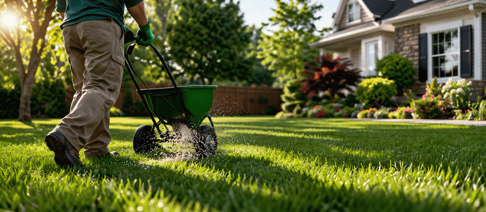Cougarstone technician applying professional fertilizer to a Calgary residential lawn